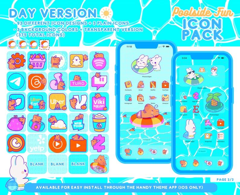 Pool Summer Cute Animal App Icon Pack Kawaii Fun Summer Phone Tablet Icon App Theme Digital Widget Wallpaper iOS iPadOS Android Phone Theme image 3