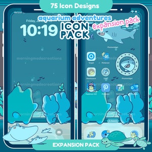 May include: A phone screen mockup with a blue and green underwater themed icon pack. The text "aquarium adventures icon pack" is displayed on the screen. The icon pack includes icons for apps like Pinterest, Target, and Photowidget.