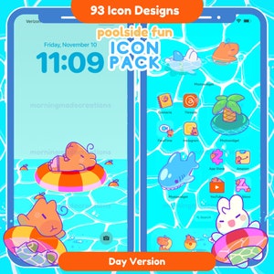 Pool Summer Cute Animal App Icon Pack Kawaii Fun Summer Phone Tablet Icon App Theme Digital Widget Wallpaper iOS iPadOS Android Phone Theme image 1