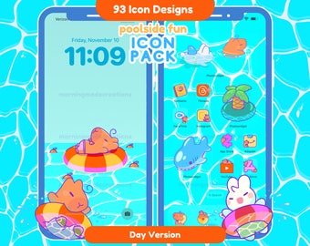 Piscina Verano Lindo paquete de iconos de aplicaciones de animales Kawaii Diversión Verano Teléfono Tableta Icono Tema de aplicación Widget digital Fondo de pantalla iOS iPadOS Tema de teléfono Android