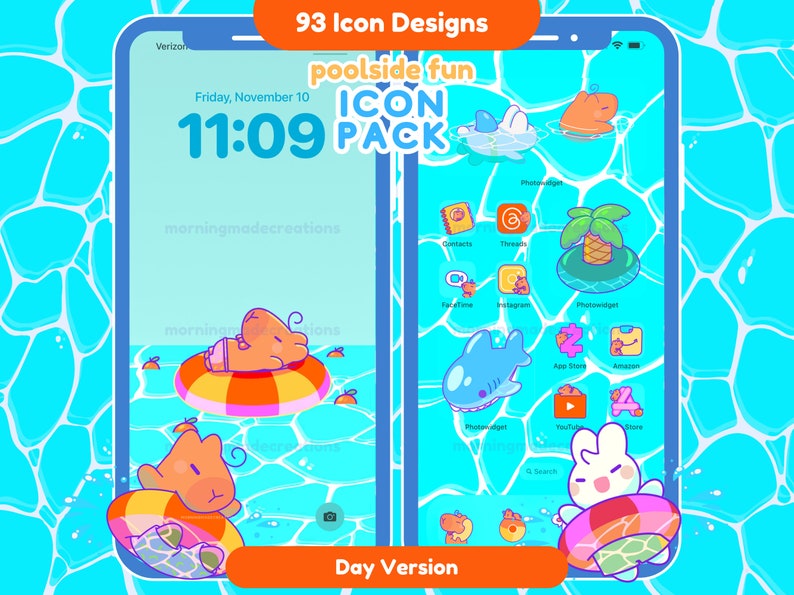 Pool Summer Cute Animal App Icon Pack Kawaii Fun Summer Phone Tablet Icon App Theme Digital Widget Wallpaper iOS iPadOS Android Phone Theme image 1