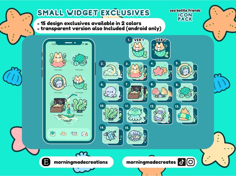 May include: A set of 15 sea-themed widget designs for Android phones. The widgets feature cute illustrations of sea creatures, shells, and treasure chests. The designs are available in two colour variations. The text "sea bottle friends ICON PACK" is at the top of the image.