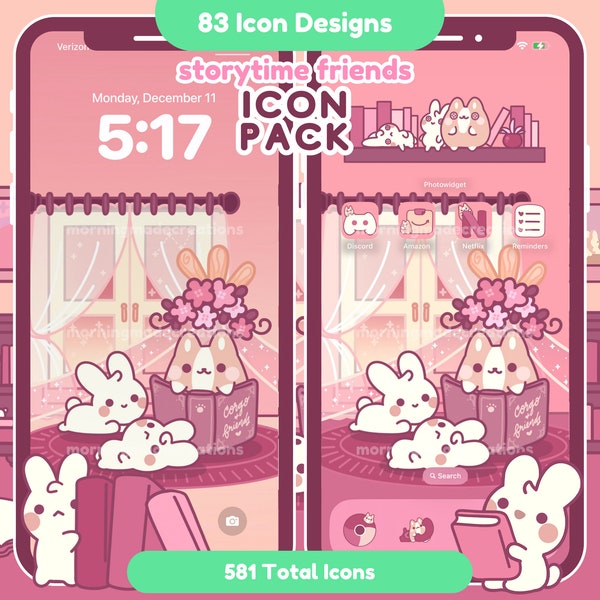 Pink Cute Animal App Icon Pack Kawaii Cozy Phone Tablet Icon App Theme Digital Pink Widget Wallpaper iOS iPadOS Android Phone Theme