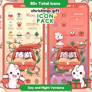 Pode incluir: Um conjunto de mais de 80 ícones com tema natalino para o seu telefone. Os ícones apresentam um coelho branco fofo usando um chapéu de Papai Noel e segurando um bastão de caramelo. Os ícones são projetados em um estilo mini e vêm em versões dia e noite.