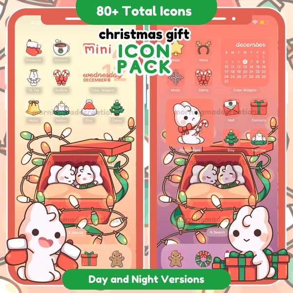 Cute Animals Christmas Phone Icon Set Cute Christmas Holiday Theme Kawaii Red Green Aesthetic App Icons Wallpaper iOS iPadOS Android Theme