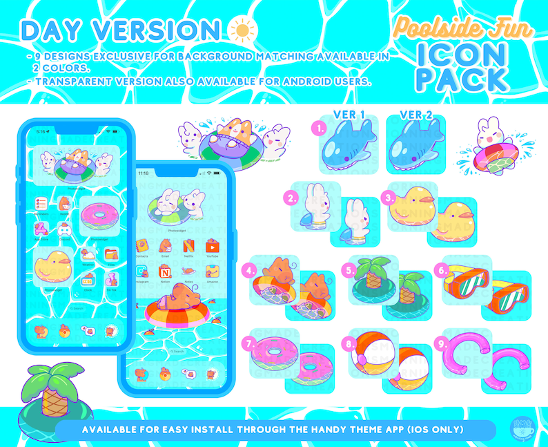 Pool Summer Cute Animal App Icon Pack Kawaii Fun Summer Phone Tablet Icon App Theme Digital Widget Wallpaper iOS iPadOS Android Phone Theme image 5