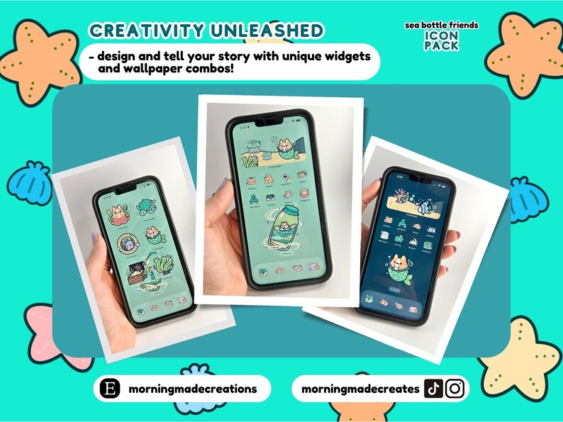 May include: Three screenshots of a mobile phone displaying a green and blue themed app with a sea bottle and sea creature icons. The text "CREATIVITY UNLEASHED" is at the top of the image. The text "sea bottle friends ICON PACK" is at the top right of the image. The text "morningmadecreations" is at the bottom left of the image. The text "morningmadecreates" is at the bottom center of the image.