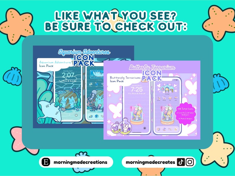 May include: Two phone screen mockups showcasing icon packs for mobile devices. The first mockup features a blue and green colour scheme with an underwater theme and the text "Aquarium Adventures Icon Pack". The second mockup features a purple and pink colour scheme with a butterfly terrarium theme and the text "Butterfly Terrarium Icon Pack".