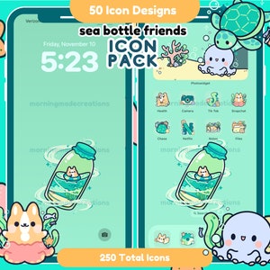 Blue Seafoam Cute Animal Ocean App Icon Pack Kawaii Sea Phone Tablet Icon App Theme Digital Widget Wallpaper iOS iPadOS Android Phone Theme