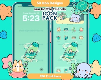 Blue Seafoam Cute Animal Ocean App Icon Pack Kawaii Sea Phone Tablet Icon App Theme Digital Widget Wallpaper iOS iPadOS Android Phone Theme