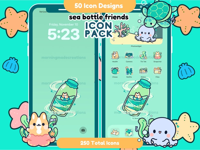 May include: A phone screen mockup with a green and blue colour scheme. The screen displays a set of 50 custom app icons with a sea bottle and sea creature theme. The text "sea bottle friends ICON PACK" is displayed at the top of the screen. The text "250 Total Icons" is displayed at the bottom of the screen.