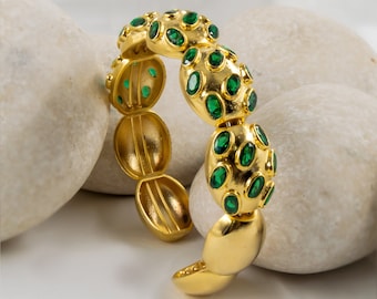 Gold Cuff Bracelet With Emerald Stone | Boho Bangles | Indian Jewelry | 24K Gold Plated Brass