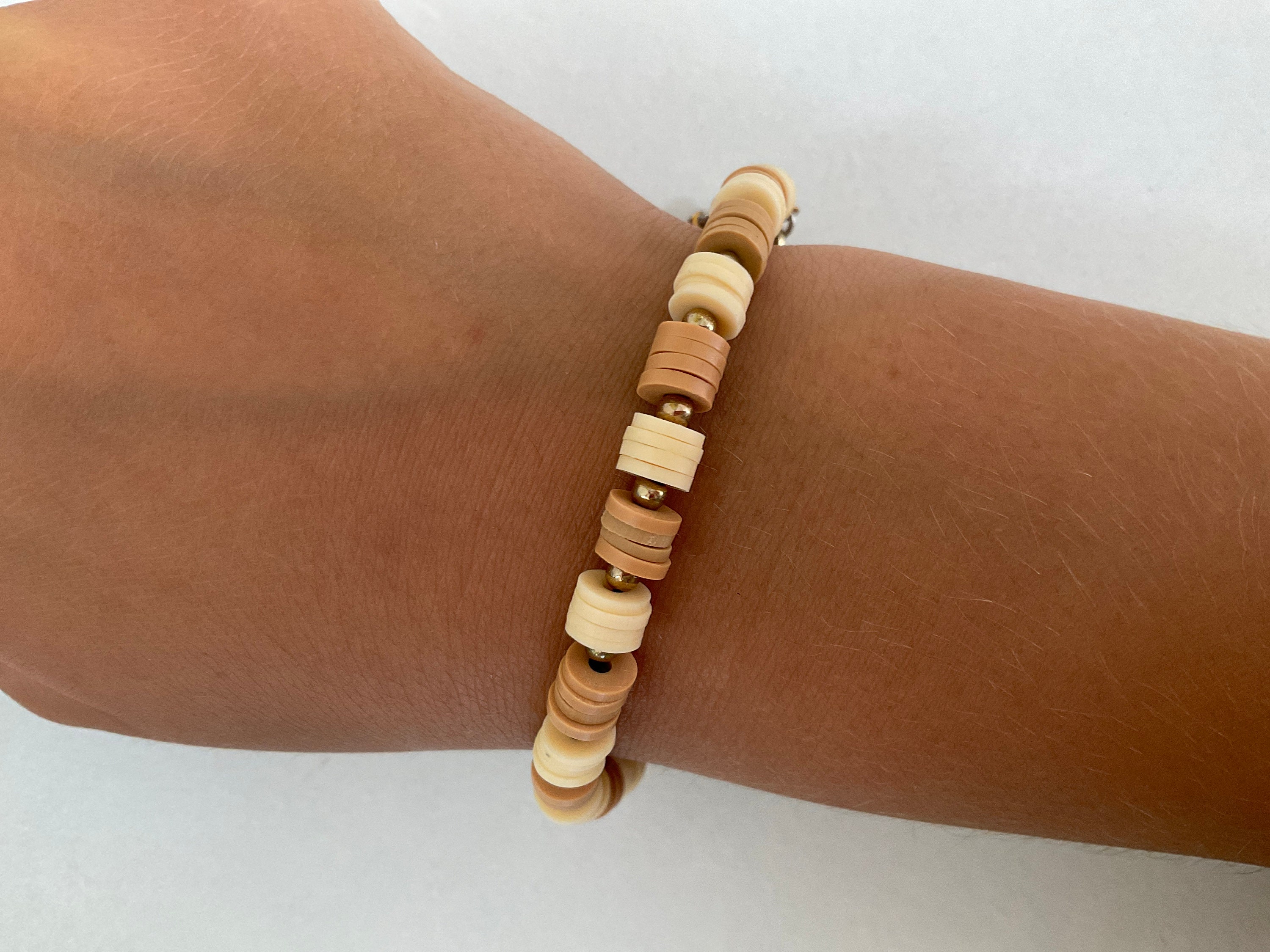 Linen brown and white clay bead bracelet with golden beads coffee colors  clay bead bracelet