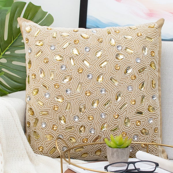 Gold Beaded Throw Pillow Cover, Luxurious, Elegant , Decorative Pillow Cover for Sofa, Couch or Bed