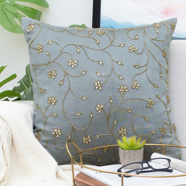 Silver Grey Gold Floral Embroidered Throw Pillow Cover, Luxurious, Elegant , Decorative Pillow Cover for Sofa, Couch or Bed