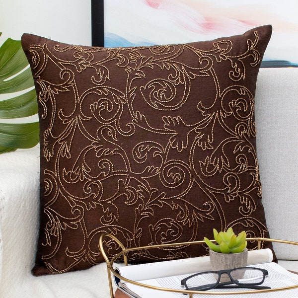 Dark Brown Gold Embroidered Throw Pillow Cover for Holiday, Christmas Decor