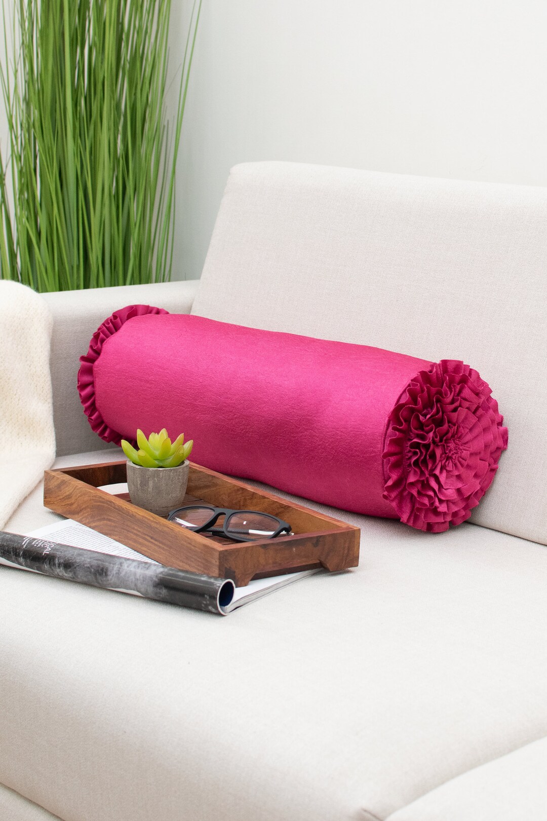 Fuchsia Pink Bolster Ruffles Throw Pillow Covers for Sofa or Bed ...