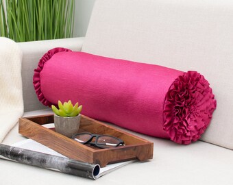 Fuchsia Pink Bolster Ruffles Throw Pillow Covers for Sofa or Bed, Fuchsia Pink Long Cylindrical Pillow Cover