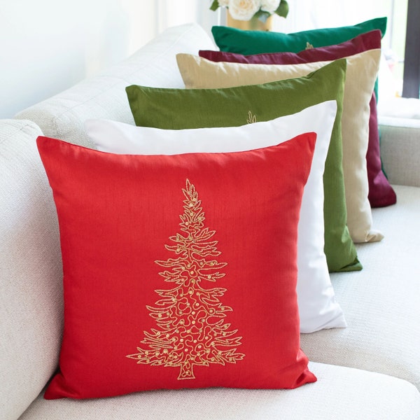 Red Christmas Tree Pillow, Embroidered Pillow Cover, Luxurious, Elegant for Sofa, Couch & Bed, Christmas Decor