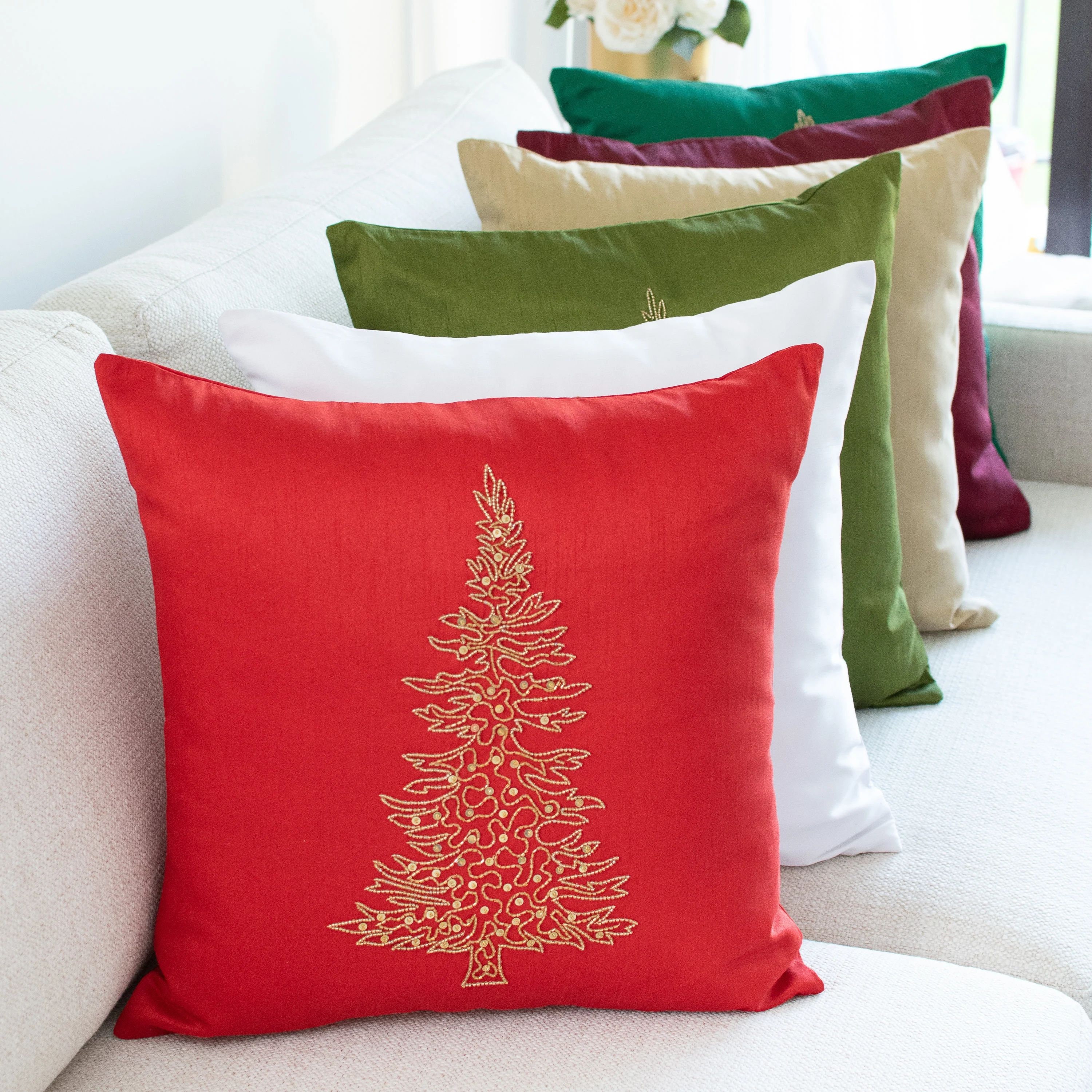 Red Christmas Tree Pillow, Embroidered Pillow Cover, Luxurious, Elegant for  Sofa, Couch & Bed, Christmas Decor 