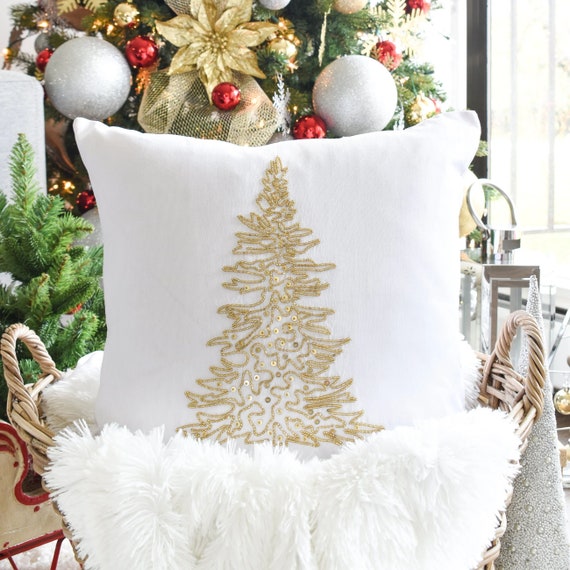 Shop silk Christmas pillow covers with white tree and gold star