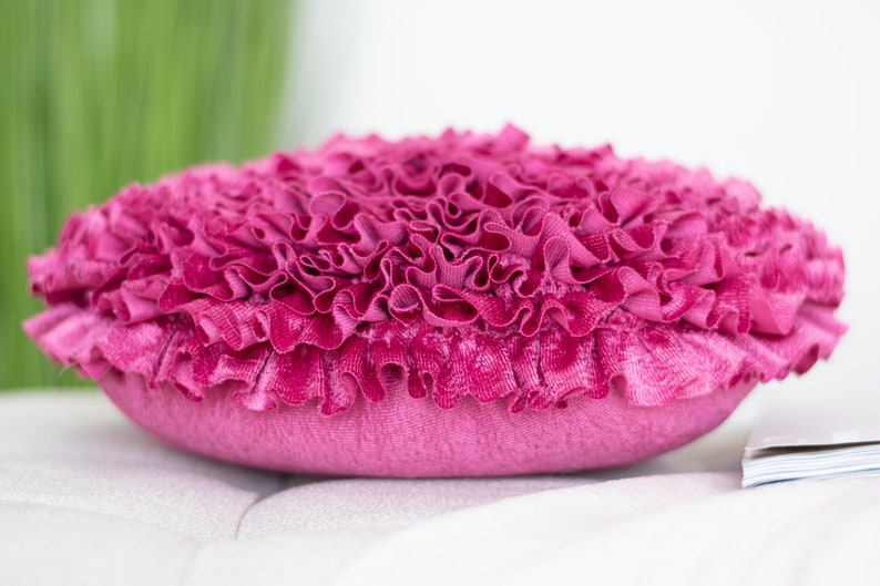 Hot Pink Round Ruffles Throw Pillow Covers for Sofa or Bed, Hot Pink