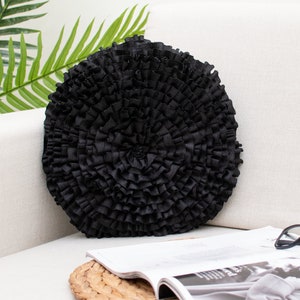 Black Round Ruffles Throw Pillow Covers for Sofa or Bed, Black Accent Pillow Cover image 1