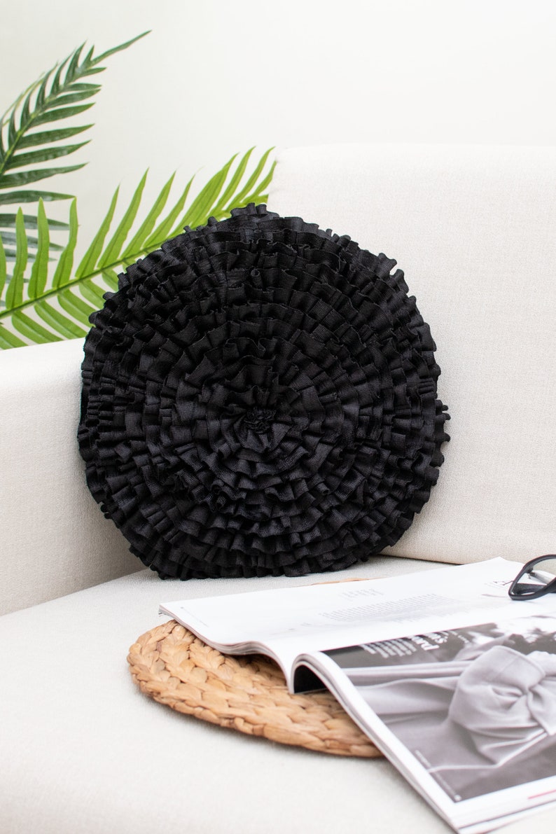 Black Round Ruffles Throw Pillow Covers for Sofa or Bed, Black Accent Pillow Cover image 1