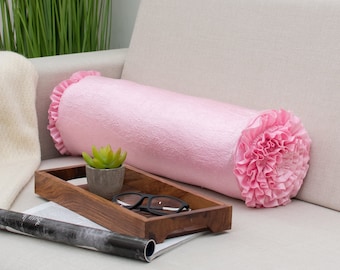 Baby Pink Bolster Ruffles Throw Pillow Covers for Sofa or Bed, Baby Pink Long Cylindrical Pillow Cover