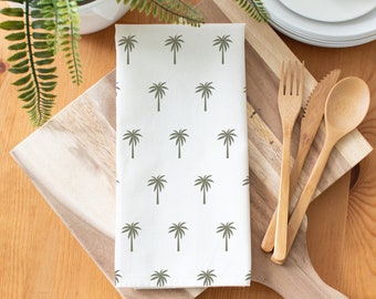 Sage Green Cotton Table Napkins, Palm Tree, Printed Pattern Table Cloth Napkins for Cocktail, Lunch, Dinner parties