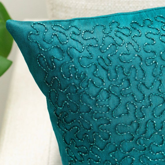 Teal Embroidered Pillow Cover Luxurious Elegant for Sofa Couch Bed Etsy Canada