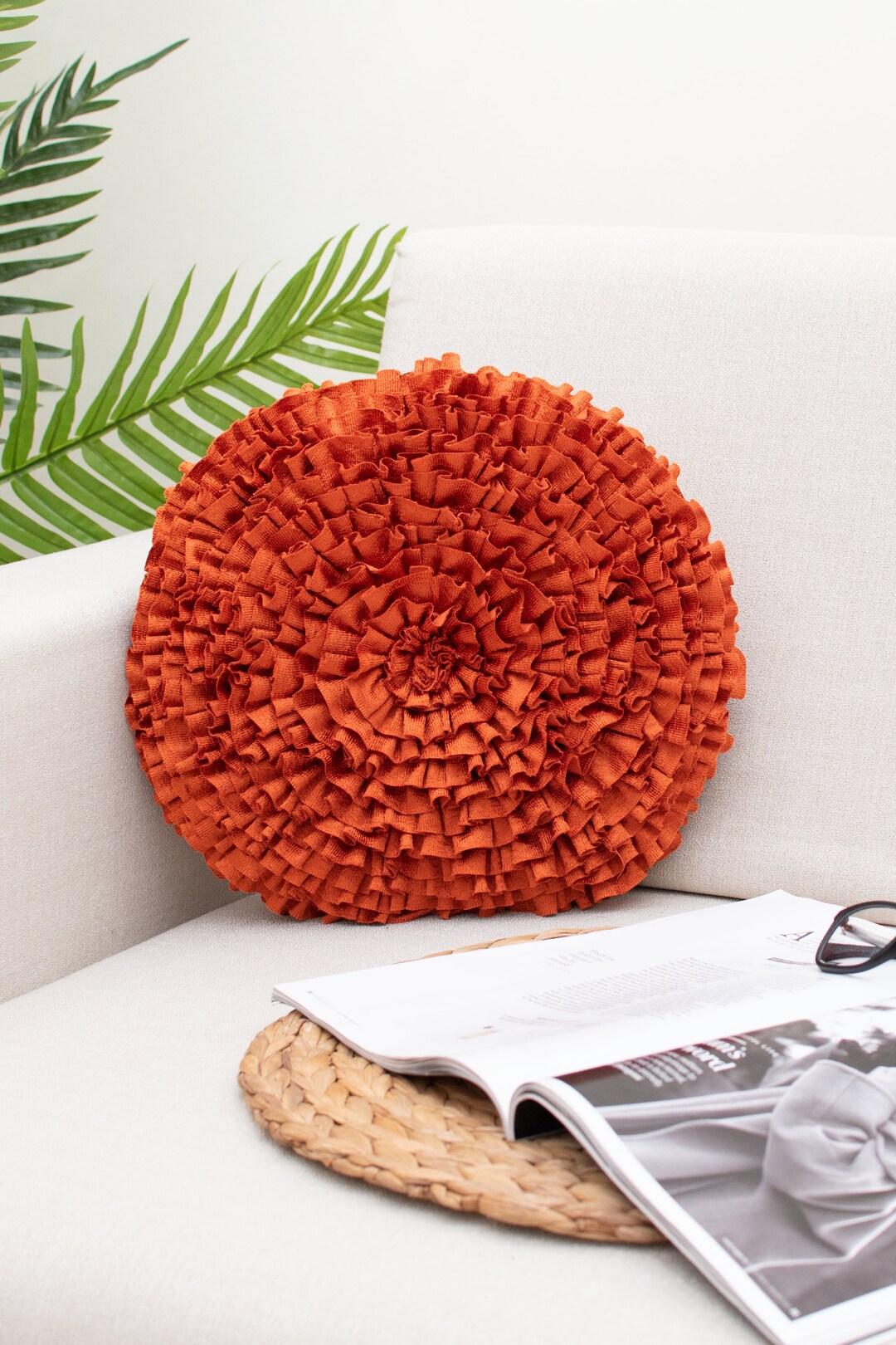 Orange Round Ruffles Throw Pillow Covers for Sofa or Bed, Orange Accent
