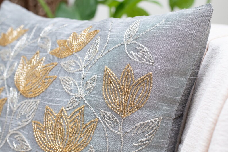 Silver Grey Gold Throw Pillow Cover Floral Pattern Etsy