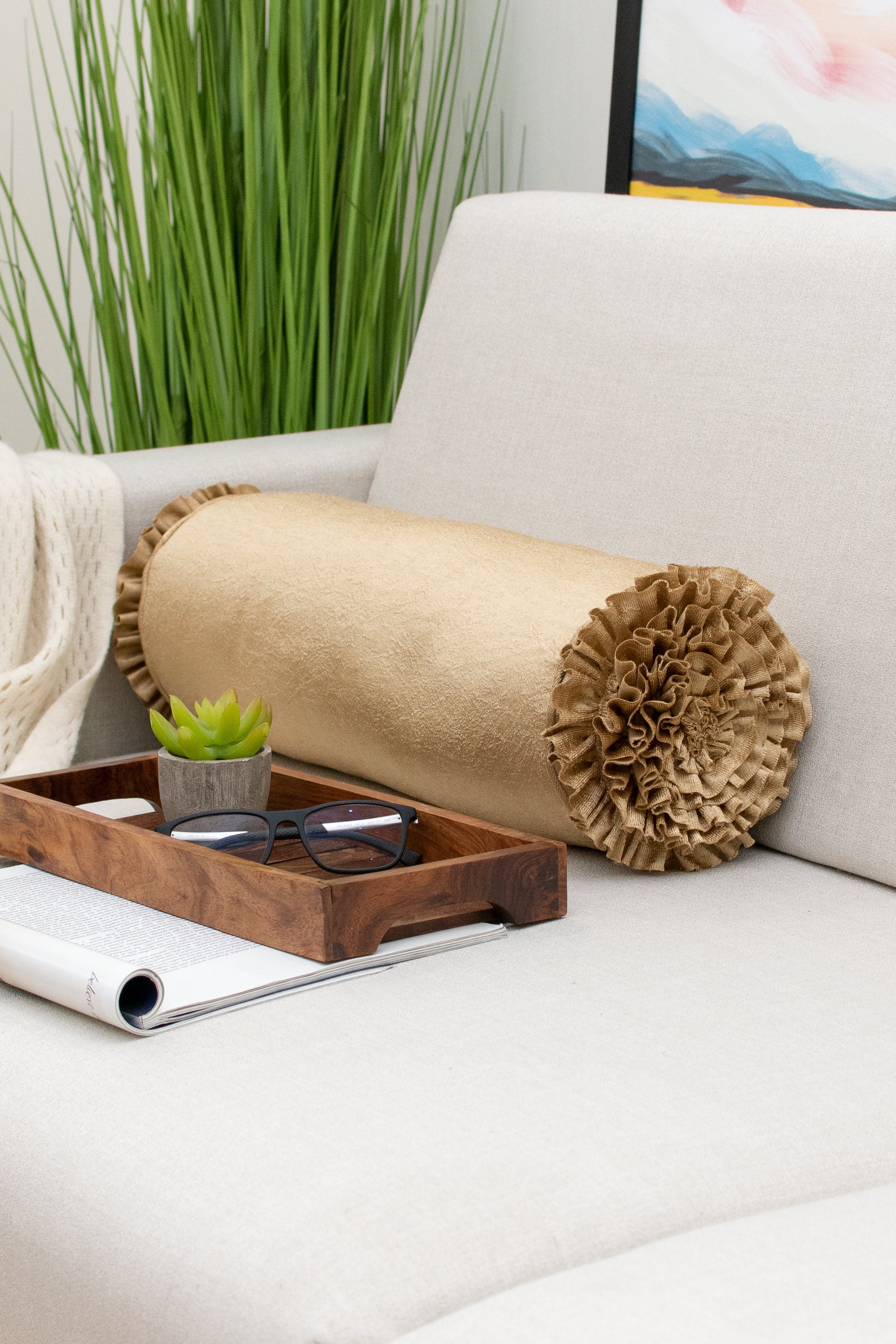 Gold Bolster Ruffles Throw Pillow Covers for Sofa or Bed, Gold Long Cylindrical Pillow Cover