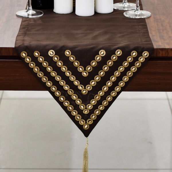 Dark Brown Gold Dresser Scarf, Embroidered Beaded Table Runner with Gold Tassels