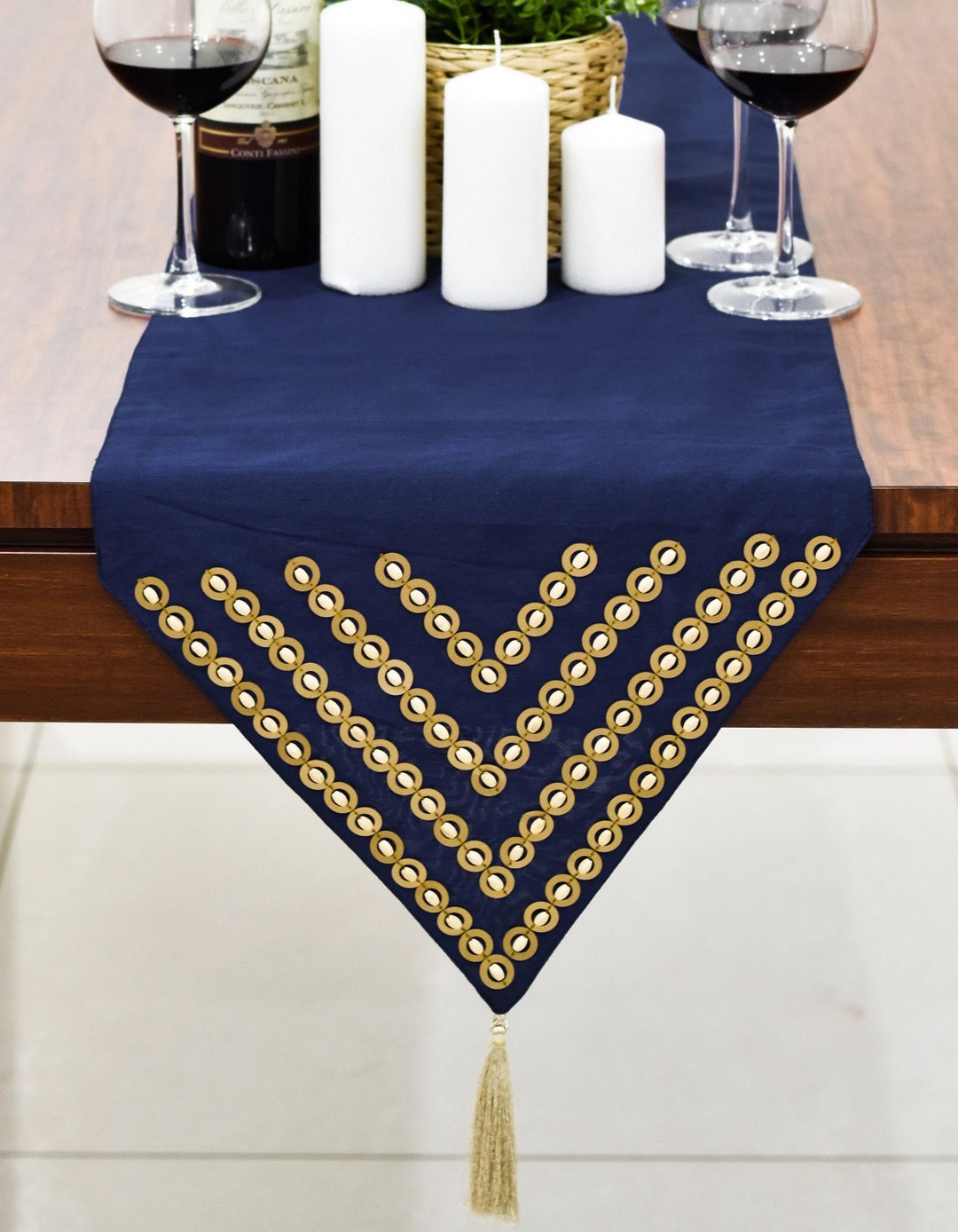Dark Blue Gold Dining Table Runner, Embroidered Beaded Table Runner