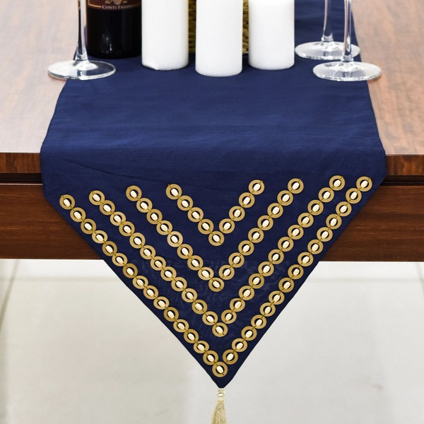 Dark Blue Gold Dining Table Runner, Embroidered Beaded Table Runner with Gold Tassels with V Ends
