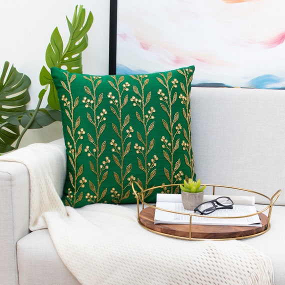 Emerald Green Gold Floral Beaded Embroidered Throw Pillow Cover Luxurious Elegant Decorative Pillow Cover for Sofa Couch or Bed Etsy Canada