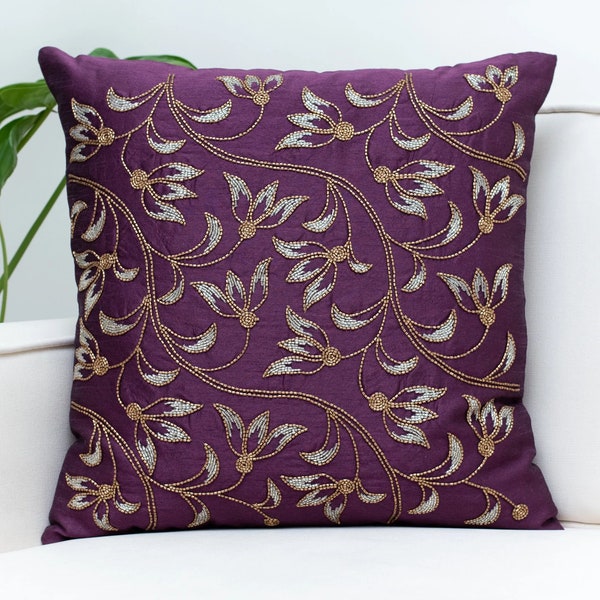 Plum Gold Throw Pillow Cover, Luxurious, Elegant , Decorative Cushion Cover for Sofa, Couch & Bed