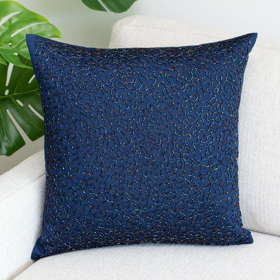 Dark Blue Accent Pillow Cover, Embroidered, Luxurious, Elegant for Sofa