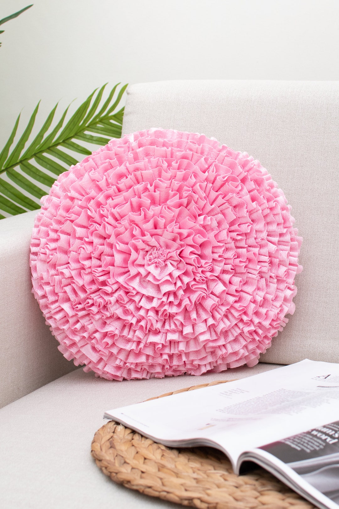 Baby Pink Round Ruffles Throw Pillow Covers for Sofa or Bed, Baby Pink ...