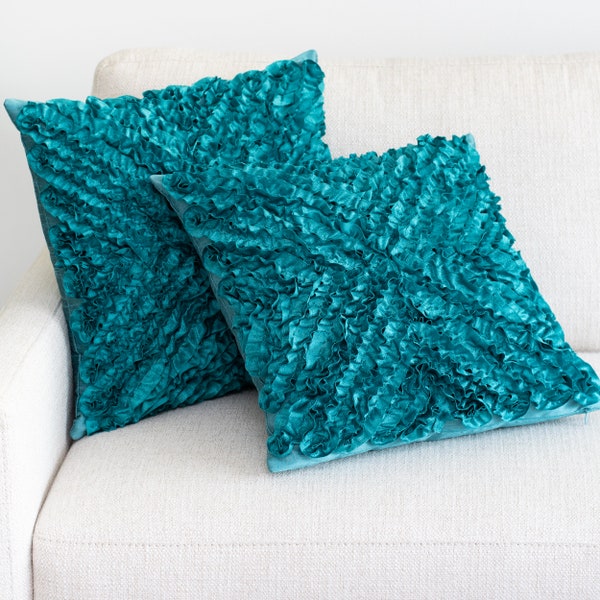 Teal Ruffles Throw Pillow Covers for Sofa or Bed, Teal Accent Pillow Cover