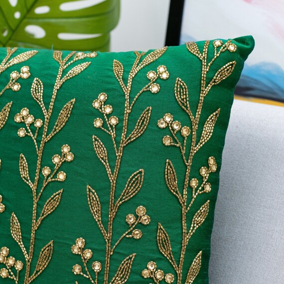 Emerald Green Gold Floral Beaded Embroidered Throw Pillow Cover Luxurious Elegant Decorative Pillow Cover for Sofa Couch or Bed Etsy Canada
