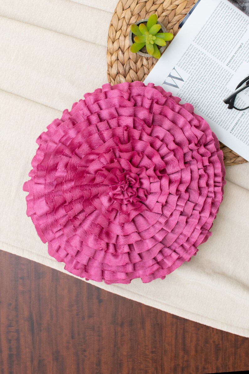 Hot Pink Round Ruffles Throw Pillow Covers for Sofa or Bed, Hot Pink