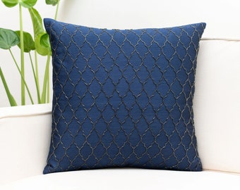 Dark Blue Throw Pillow Cover, Trellis Pattern, Luxurious, Elegant, Decorative Cushion Cover for Sofa, Couch & Bed