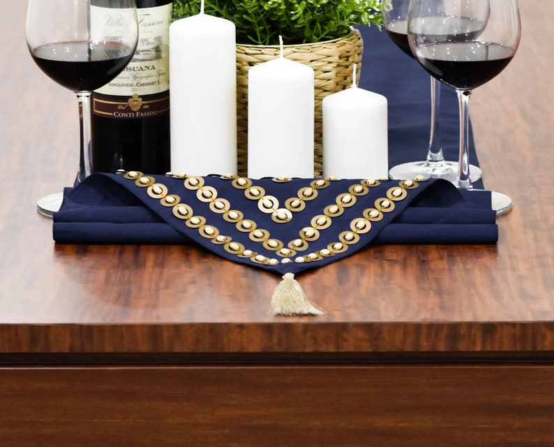 Dark Blue Gold Dining Table Runner Embroidered Beaded Table Etsy