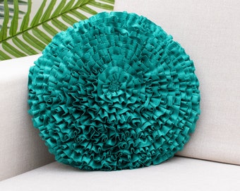 Dark Teal Round Ruffles Throw Pillow Covers for Sofa or Bed, Dark Teal Accent Pillow Cover