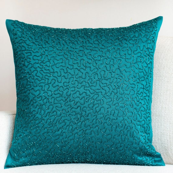 Teal Embroidered Pillow Cover Luxurious Elegant for Sofa Couch Bed Etsy Canada