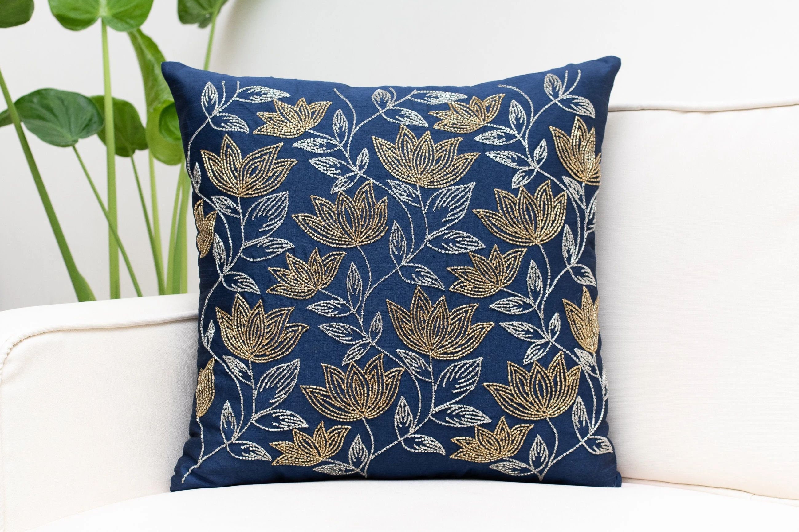 Dark Blue Gold Throw Pillow Cover Floral Pattern Luxurious Elegant Decorative Cushion Cover for Sofa Couch Bed Etsy