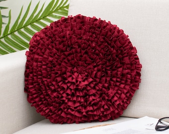 Maroon Round Ruffles Throw Pillow Covers for Sofa or Bed, Maroon Accent Pillow Cover